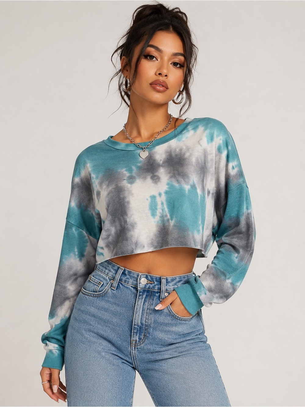 SHEIN Teal Gray Tie-Dye Open Back Cropped Sweatshirt Open Back Top